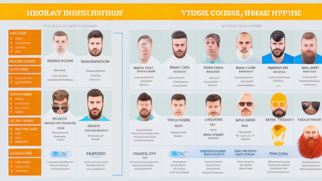 Infografikus összehasonlító táblázat különböző szakálltípusokkal és ajánlott borotvafej típusokkal